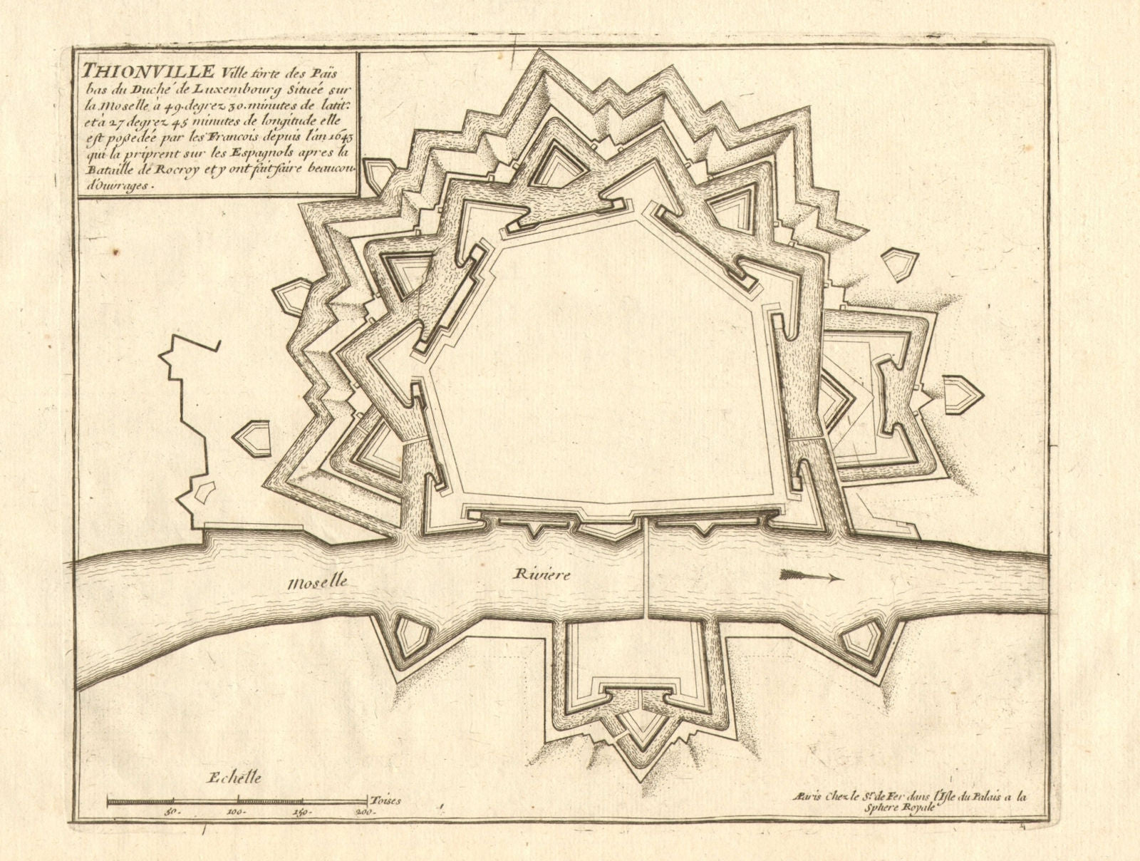 Thionville. Plan of town/city & fortifications. Moselle. DE FER 1705 old map